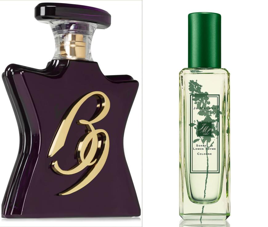 Opulent zu zitrisch: „B9“ von Bond No. 9, mit Safran, Gardenie und Moschus, 100 ml, EdP, ca. 320 Euro + „Sorrel & Lemon Thyme“ von Jo Malone, mit Sauerampfer, Zitronenthymian und Rosmarin, 30 ml EdC, ca. 53 Euro