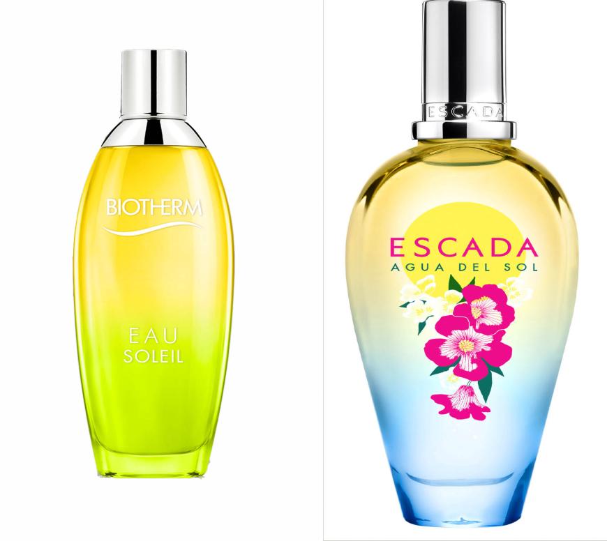 Frisch zu gourmant: „Eau de Soleil“ von Biotherm, mit Zitrusfrüchten, 100 ml, EdT, ca. 44 Euro + „Aqua del Sol“ von Escada, mit Nashi-Birne, Himbeere und Tonkabohne, 30 ml, EdT, ca. 40 Euro
