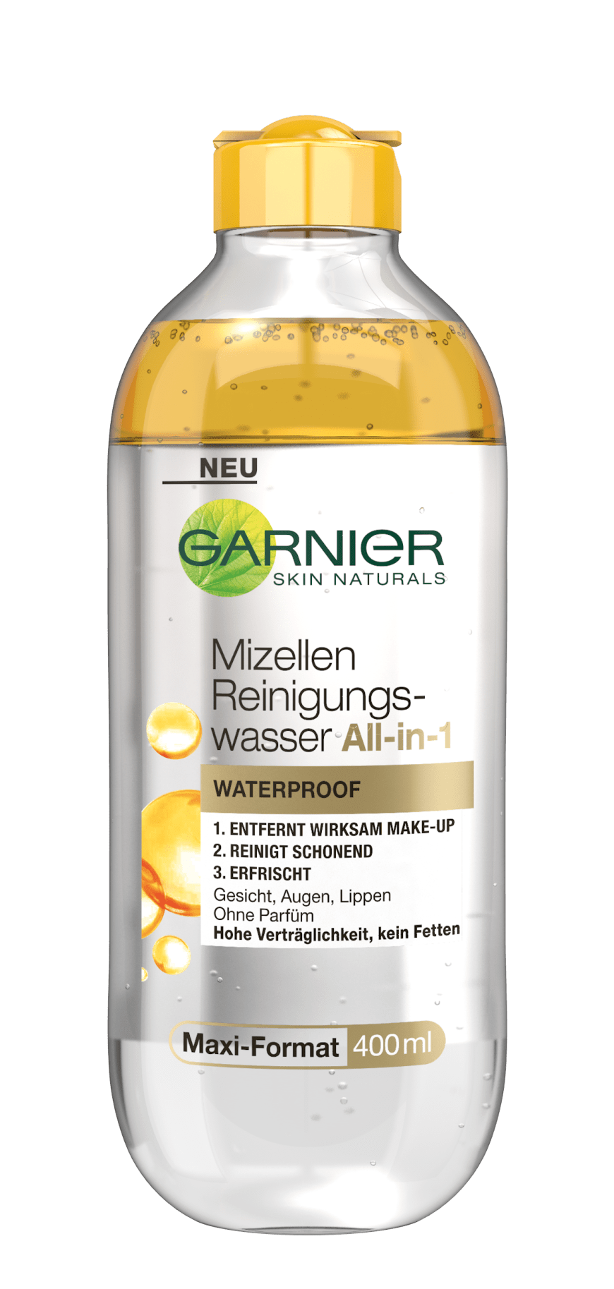 Für Mischhaut: Zweifachwirkung aus Öl und Mizellen: „Mizellen Reinigungswasser All-in-1 Waterproof“ von Garnier, ca. 5 Euro