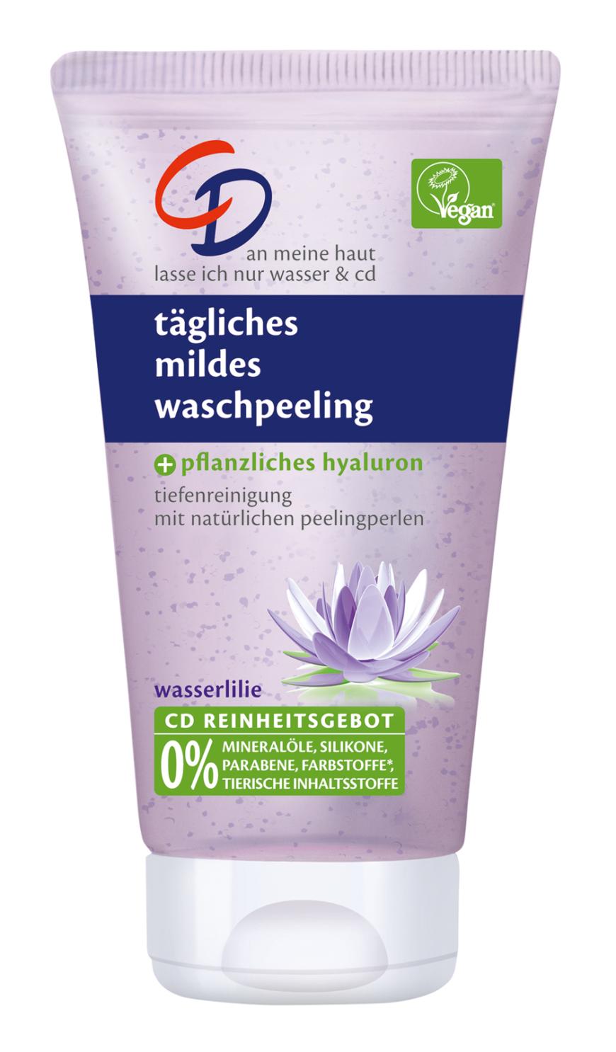 Mit Mizellenwasser und Wasserlilienextrakt für empfindliche Haut: „Tägliches mildes Waschpeeling“ von CD, ca. 3 Euro