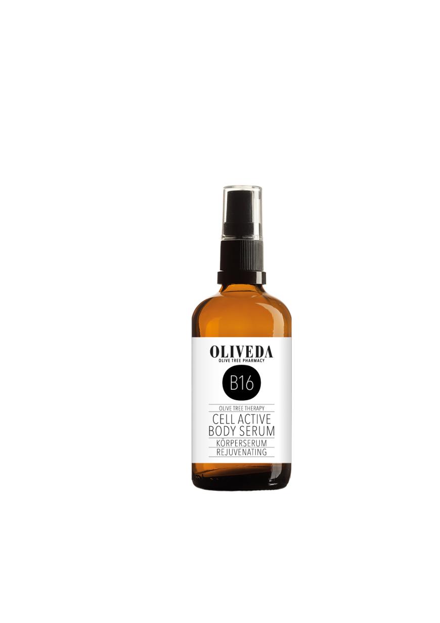 Für einen strahlenden Body: „Cell Active Body Serum Rejuvenating“ von Oliveda, entgiftet mit Olivenöl-Elixier, ca. 49 Euro