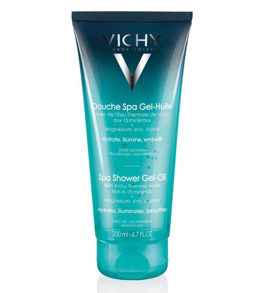 Statt Badeöl: „Öl-in-Gel Spa-Dusche“ von Vichy, mit Thermalwasser, ca. 9 Euro