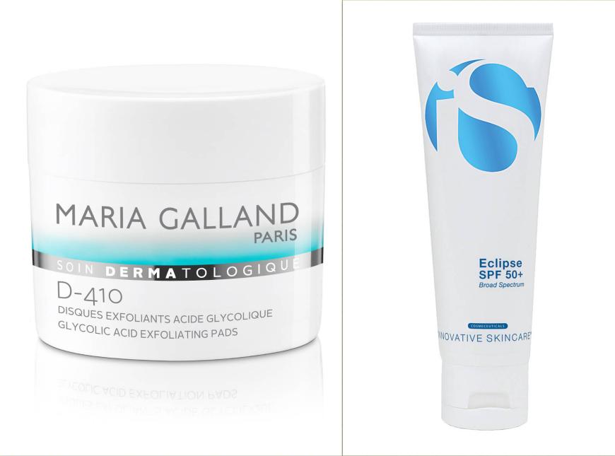 Fruchtsäure + UV-Schutz: „Disques Exfoliants Acide Glycolique“-Peelingpads von Maria Galland, mit Glykolsäure, ca. 70 Euro, maria-galland.de + „Eclipse SPF 50+“-Lichtschutz von iS Clinical, ca. 70 Euro, beim Dermatologen, is-clinical.de