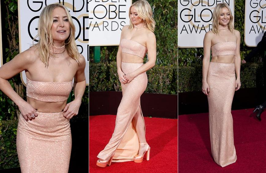 Tolle Figur, miese Kleiderwahl: Kade Hudsons nudefarbenes Glitzer-Outfit bei den Golden Globes 2016 fanden wir eher schwierig. Der Look war megaeng, Plateau-Sandalen und Halsband dazu too much. Etwas weniger Haut wäre noch heißer gewesen, Kate!