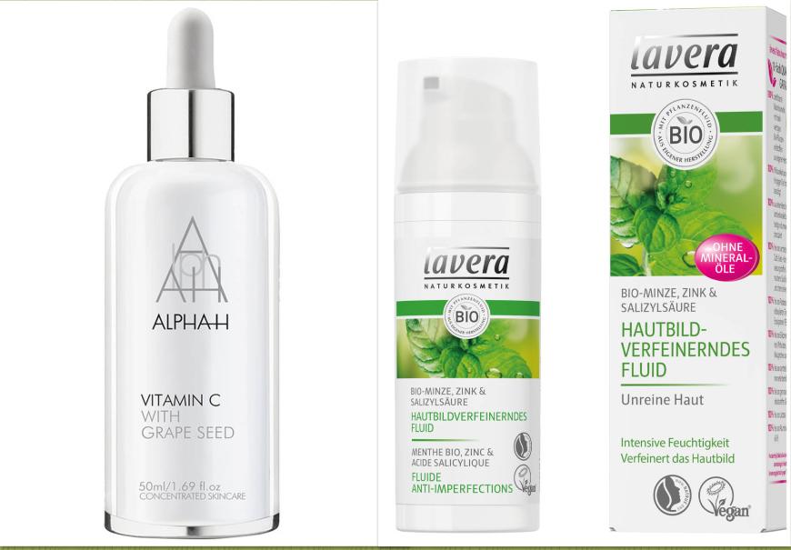 Vitamin C + Zink: Steigert die Kollagenproduktion - „Vitamin C“-Serum von Alpha-H, ca. 63 Euro, douglas.de + Hilft bei Unreinheiten: „Hautbildverfeinerndes Fluid“ von Lavera, mit Zink und Salizylsäure, ca. 8 Euro