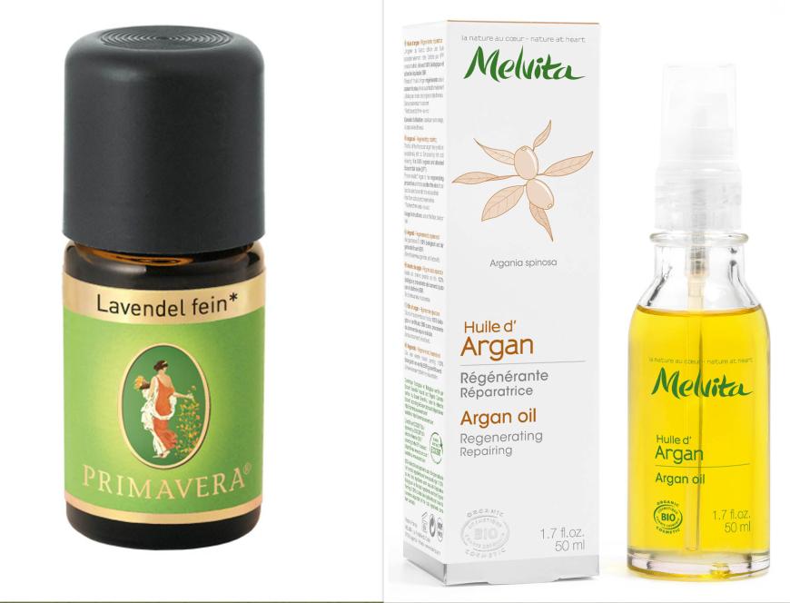 Ätherisches Öl + Emulgator: „Lavendel fein“ Ätherisches Öl von Primavera, ca. 13 Euro + Rein pflanzlich: „Arganöl“ von Melvita, ca. 19 Euro