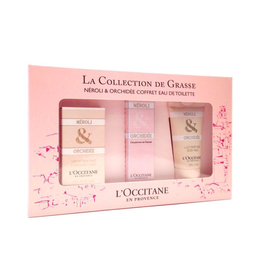 Duftet so lecker wie ein hübsch gepflückter Blumenstrauß: Rosafarbenes Geschenk-Set, bestehend aus Körpermilch, Eau de Toilette und Seife mit Aromen von Neroli und Orchidee. Von L'Occitane, 36 Euro.