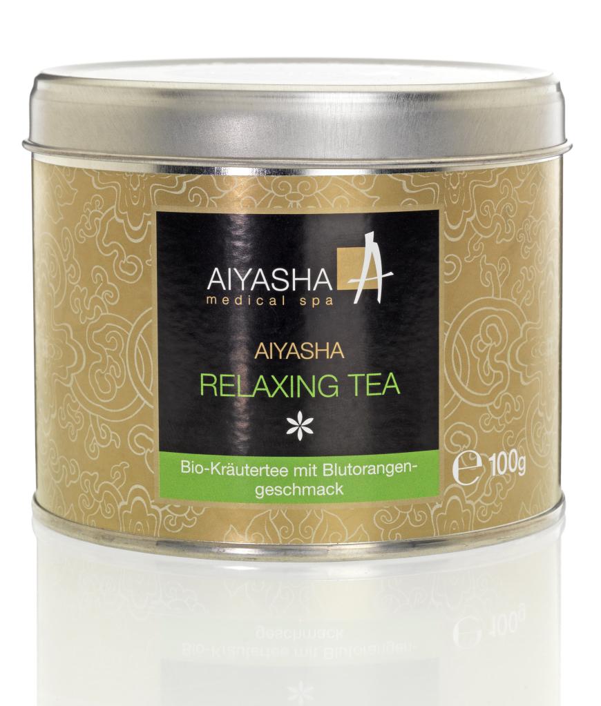 Entspannt: „Relaxing Tea“-Bio-Kräutertee von Aiyasha Medical Skin Care & Spa, mit Johanniskraut und Lemongrass, ca. 18 Euro