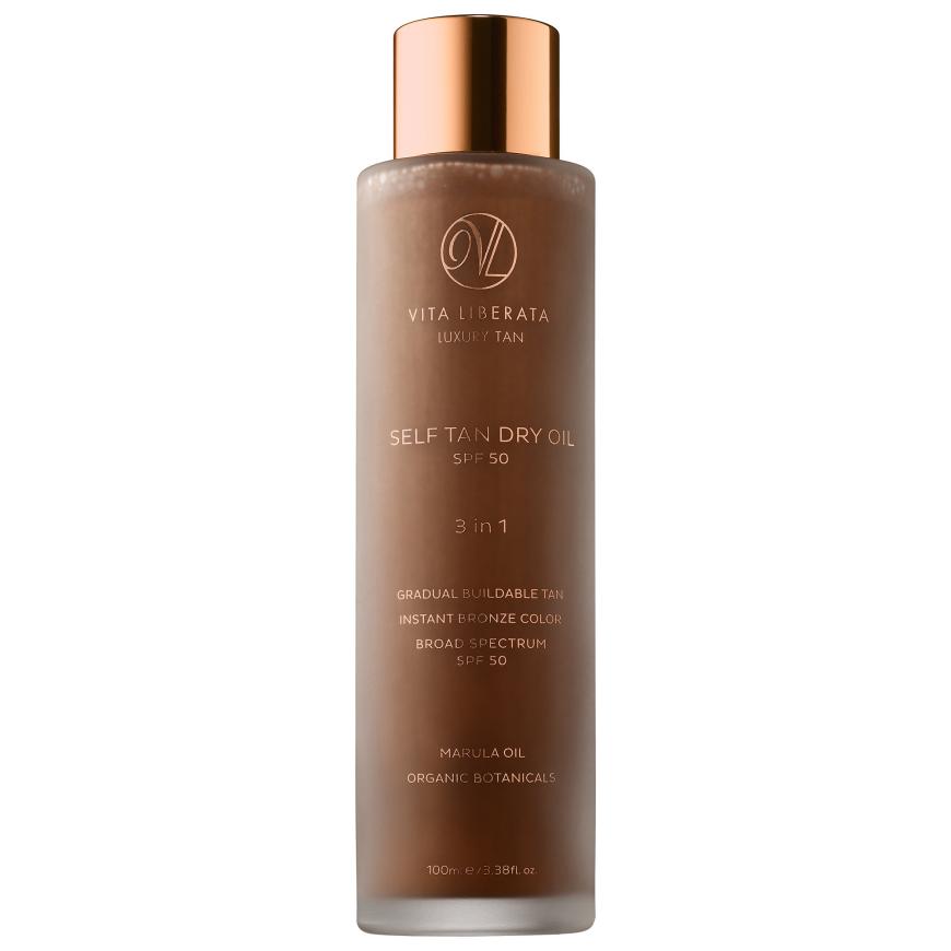 Selbstbräuner, Sonnenschutz & Pflege in einem: „Marula Selbstbräunungs Trocken Öl “ von Vita Liberata, LSF 50, ca. 40 Euro, qvc.de