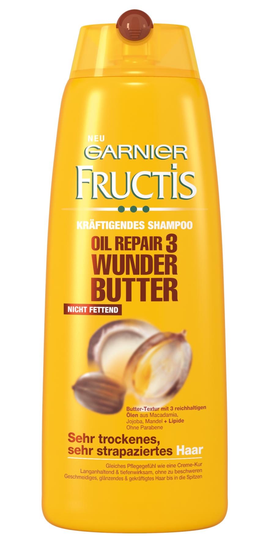 SHEA-BUTTER GEGEN TROCKENHEIT „Fructis Oil Repair 3 Wunder Butter“- Shampoo von Garnier, ca. 2 Euro