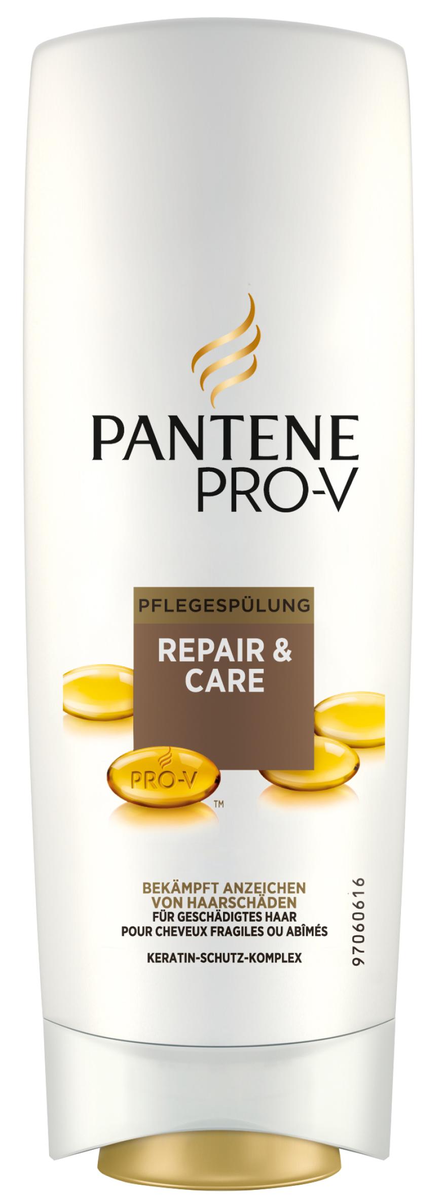 Für glänzende, kräftige Haare: „Repair & Care“-Pflegespülung von Pantene Pro-V, ca. 3 Euro