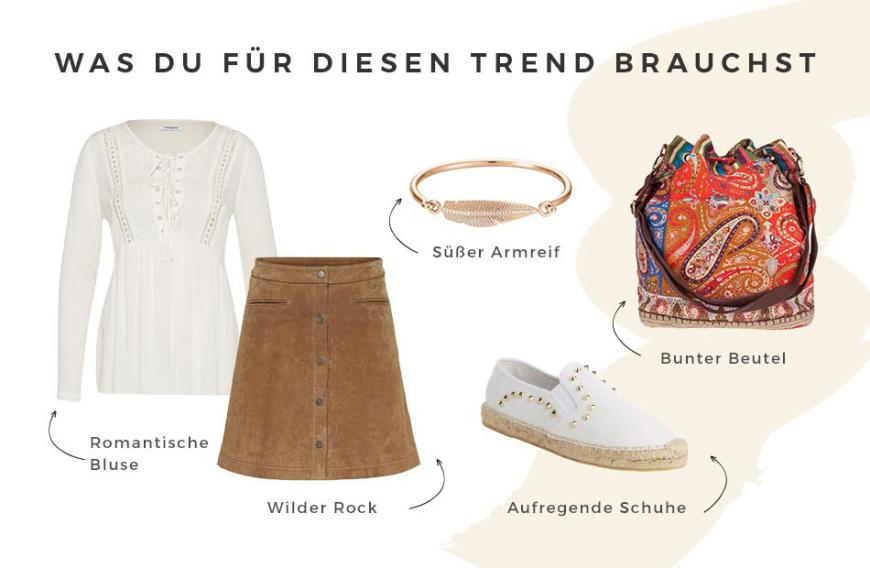 Was du für den Trend brauchst: eine romantische Bluse, einen Rock, süße Armreifen, aufregende Schuhe, und einen bunten Beutel