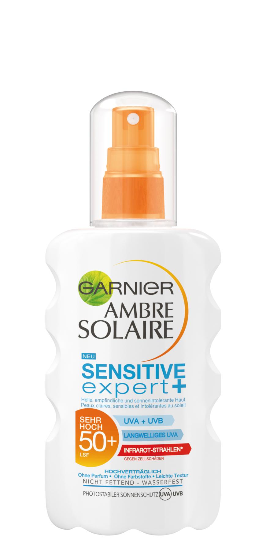 „Ambre Solaire Sensitive Expert+ LSF 50+“-Sonnenspray von Garnier, mit Infrarot-Schutz, ca. 9 Euro