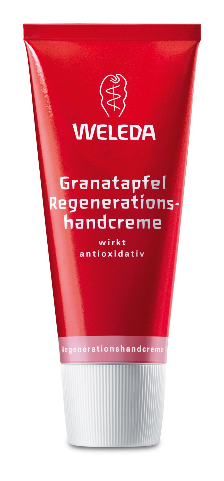 Schützt vor Feuchtigkeitsverlust: „Granatapfel Regenerationshandcreme“ von Weleda, ca. 8 Euro