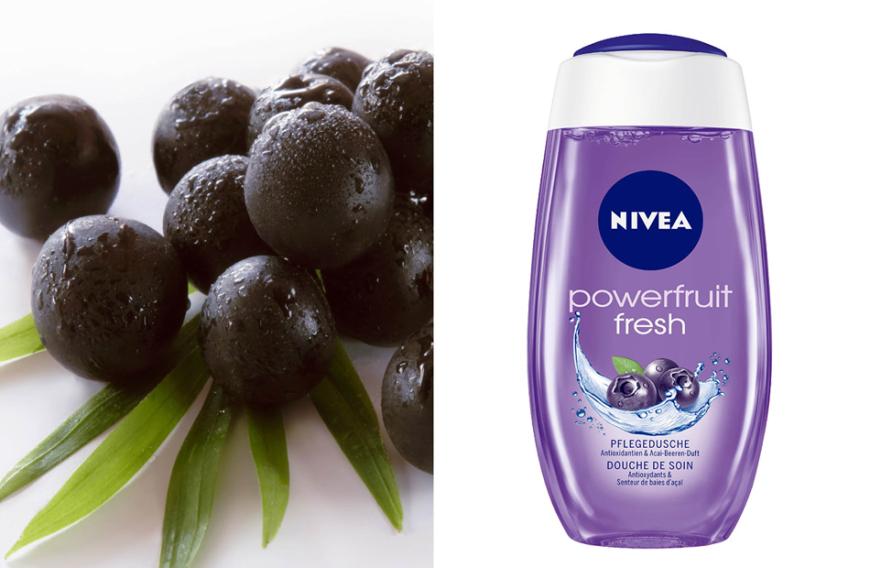 Bewahrt die Hautfeuchtigkeit: „Powerfruit Fresh Pflegedusche“ von Nivea, ca. 2 Euro