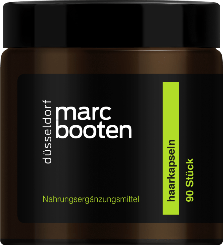 Kieselerde, Eisen und Biotin kräftigen: Haarkapseln von Marc Booten, ca. 50 Euro, marcbooten.de