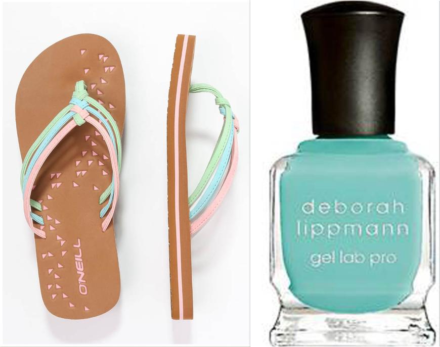 PASTELL-DREAM „Ditsy“-Flip-Flops von O’Neill, mit dreifarbigen Riemen aus Kunstleder, ca. 30 Euro, zalando.de & „Gel Lab Pro“-Lack von Deborah Lippmann, in „Splish Splash“, ca. 25 Euro, niche-beauty.com