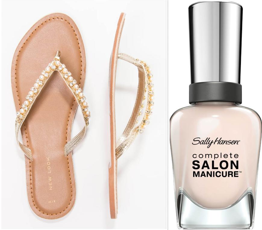 SCHMUCKES PAAR Schuh mit Perlenbesatz von New Look, aus echtem Leder, ca. 23 Euro, newlook.com & „Nudes Collection“-Lack von Sally Hansen, in „Sheer Ecstasy“, ca. 9 Euro