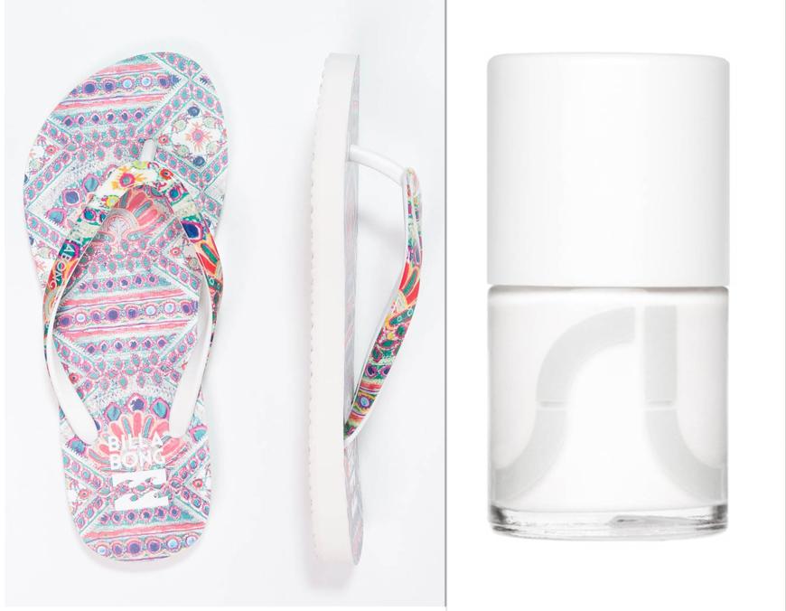 FUNKY MEETS VIRGIN „Zoey“-Sandale von Billabong, mit gemusterter Sohle aus Kunststoff, ca. 19 Euro, surfdome.de & „Main Line“-Lack von Uslu Airlines, in „PAC – Panama City Paitilla“, ca. 19 Euro