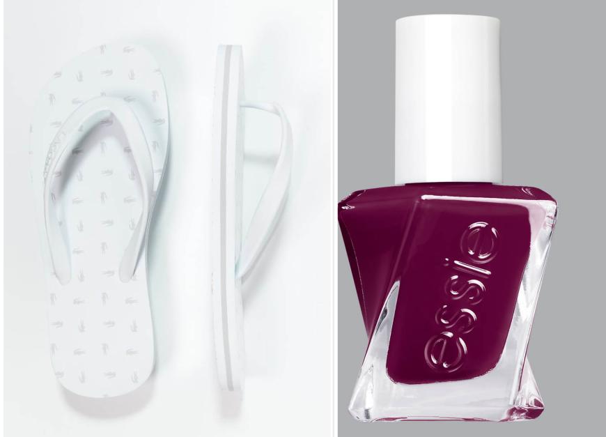 SCHICKES DUO „Ancelle“-Version von Lacoste, mit Krokodil-Druck, ca. 30 Euro, otto.de & „Couture Gel After Party“-Lack von Essie, Gellack ohne UV-Licht, in der Nuance „Spikes With Style“, ca. 12 Euro, ab Juli