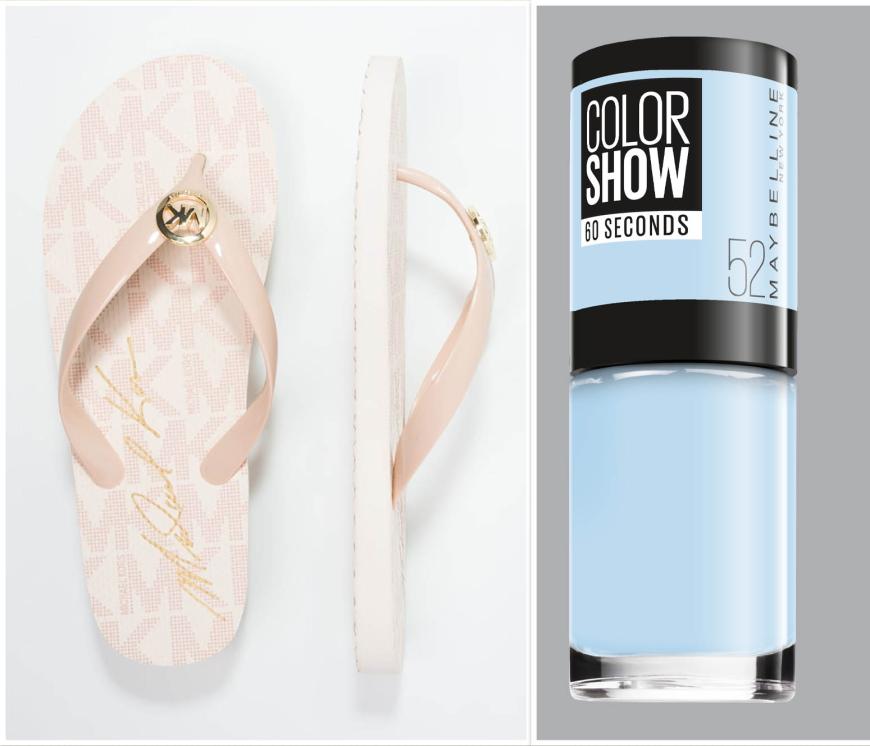 SANFTE MIXTUR Monogramm-Modell von MICHAEL Michael Kors, mit rundem, goldfarbenem Logo, ca. 30 Euro & „Color Show 60 Seconds“, trocknet schnell, in „It’s a Boy“ von Maybelline New York, ca. 3 Euro