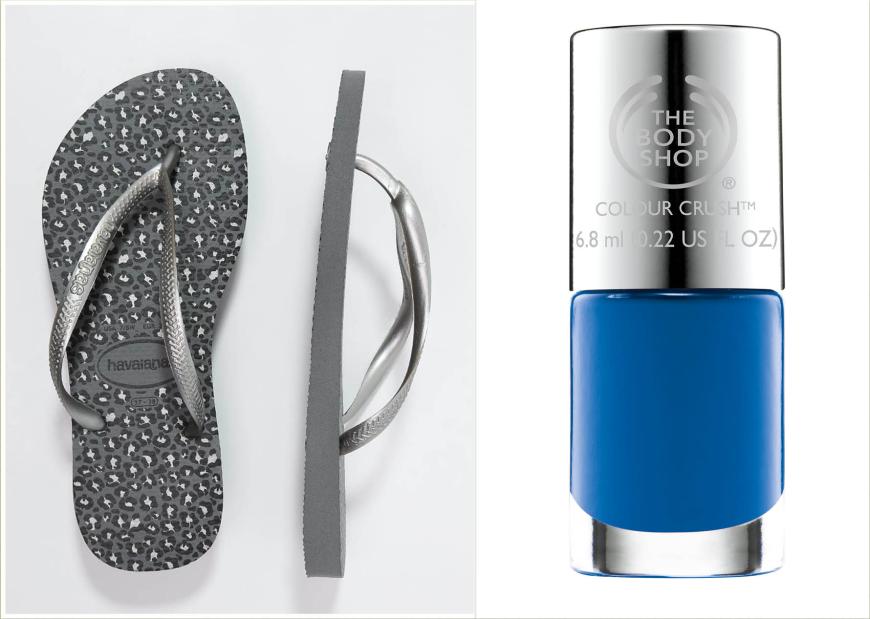 WILD & EDEL „Slim“-Ausführung von Havaianas, mit Animal-Muster, ca. 28 Euro & „Colour Crush Nails“-Nagellack von The Body Shop, aus veganen Inhaltsstoffen, in „Mad About Blue“, ca. 7 Euro