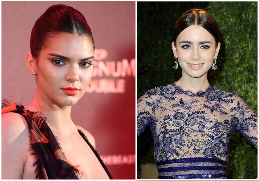 SLEEK SCHEITEL Hätte Topmodel Kendall Jenner, 20, ein wenig sorgfäl-tiger gearbeitet und an Stirn und Schläfen die Haare gebändigt, wäre ihr der Stilsieg vielleicht noch sicher gewesen. So zieht aber Britin Lily Collins, 27, mit akkurat gezogenem Scheitel, tollem Glanz und elegantem Touch ganz klar an ihr vorbei.
