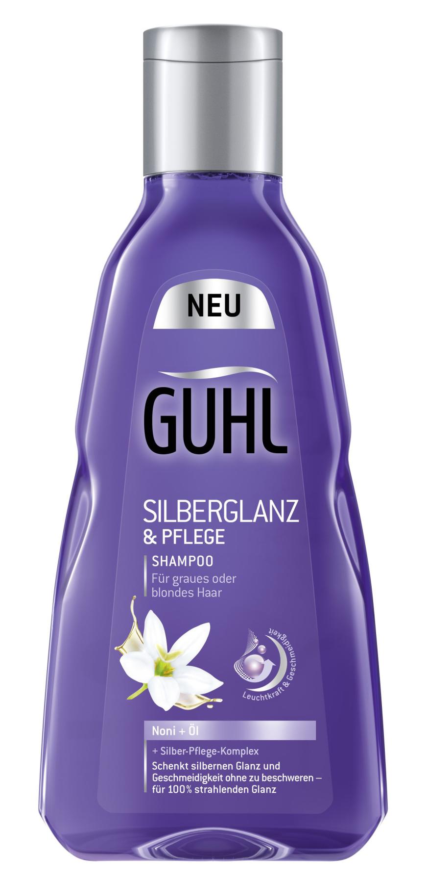Gleicht aus: „Silberglanz & Pflege“-Shampoo von Guhl für graues Haar, nimmt bei Blondinen den Gelbstich, ca. 5 Euro