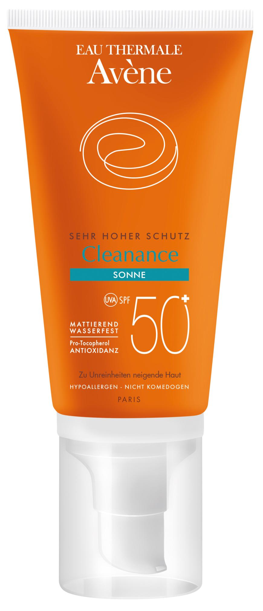 Gegen Unreinheiten: HEMMT ENTZÜNDUNGEN „Cleanance Sonne SPF 50+“ von Avène, ca. 18 Euro, in Apotheken