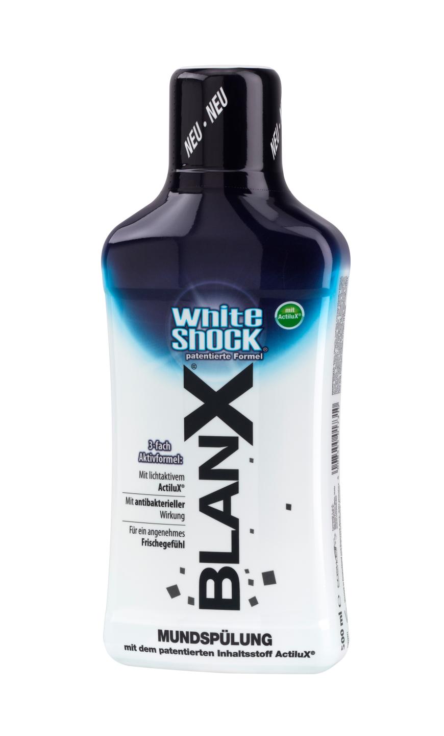 Lässt Zähne bei Lichteinfall strahlen: „White Shock“-Mundspülung von Blanx, ca. 5 Euro