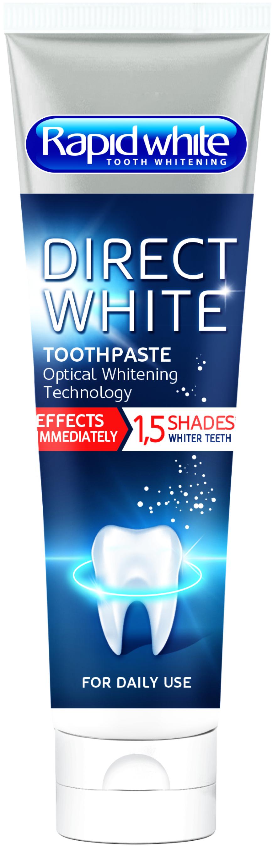 „Direct White Zahncreme“ von Rapid White, hellt optisch auf und beugt Zahnstein vor, ca. 5 Euro