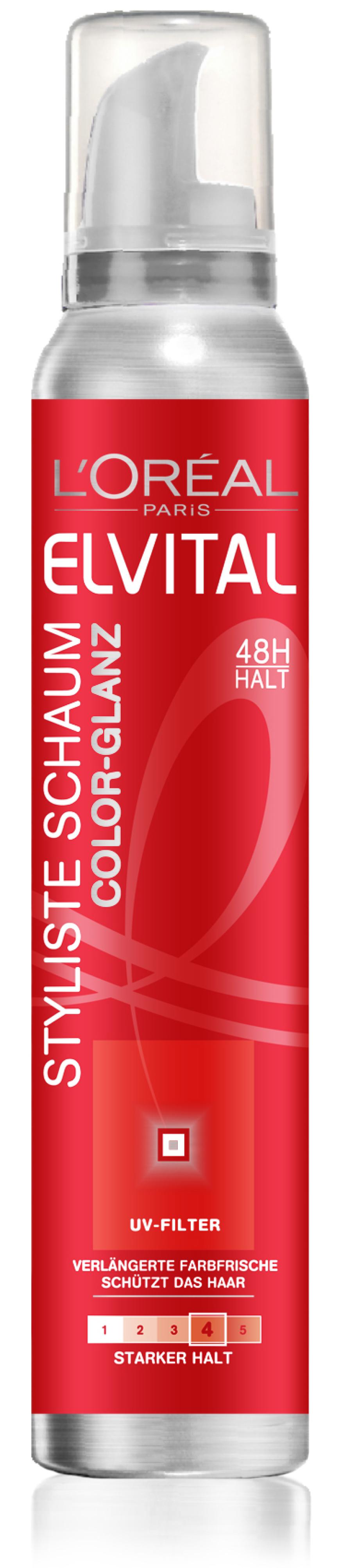 FÜR FARBGLANZ „Elvital Styliste Schaum Color-Glanz“ von L’Oréal Paris, ca. 4 Euro