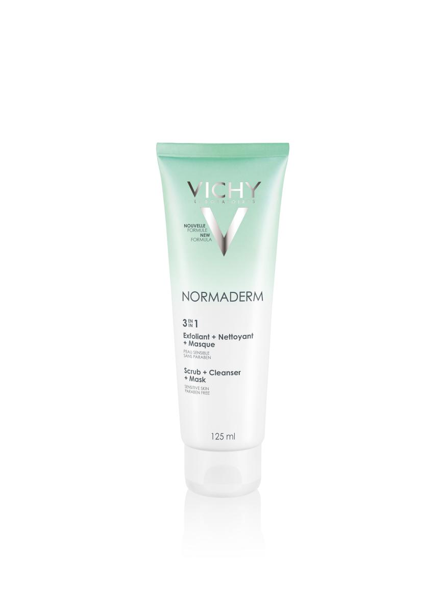 Bei Erwachsenen-Akne: „Normaderm 3-in-1 Scrub + Cleanser + Mask“ von Vichy, ca. 14 Euro, in Apotheken