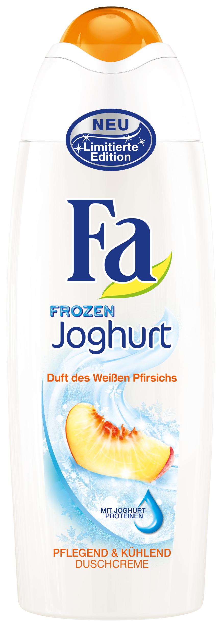 Kühlender Effekt unter der Dusche: „Frozen Joghurt Weißer Pfirsich“- Duschgel von Fa, ca. 2 Euro