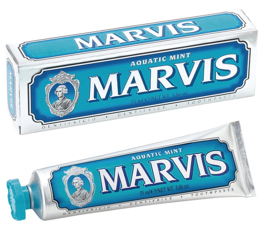 Zahncreme von Marvis, in „Aquatic Mint“, ca. 5 Euro