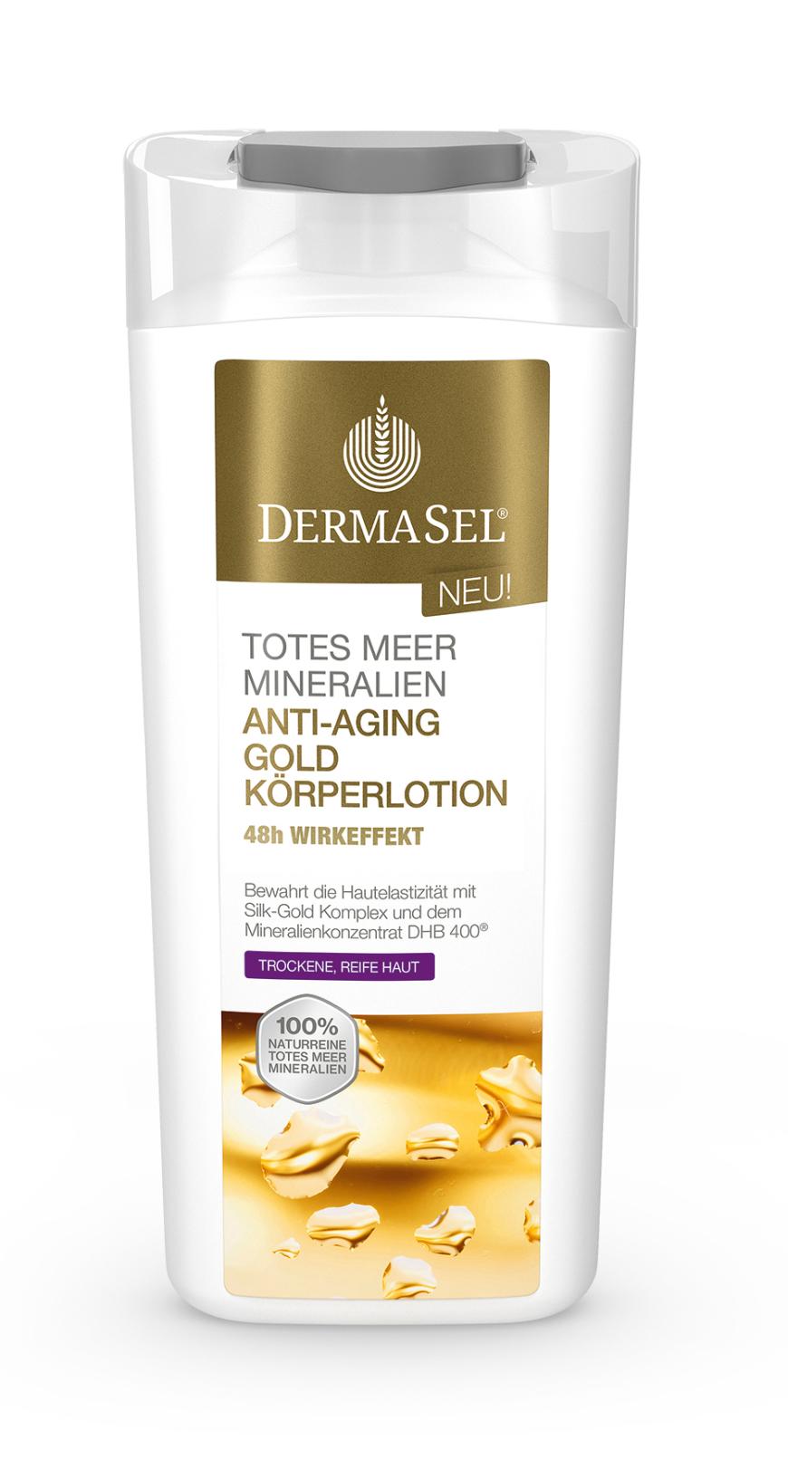 „Anti-Aging Gold Körper Lotion“ von Dermasel, mit leichtem Goldschimmer, ca. 8 Euro