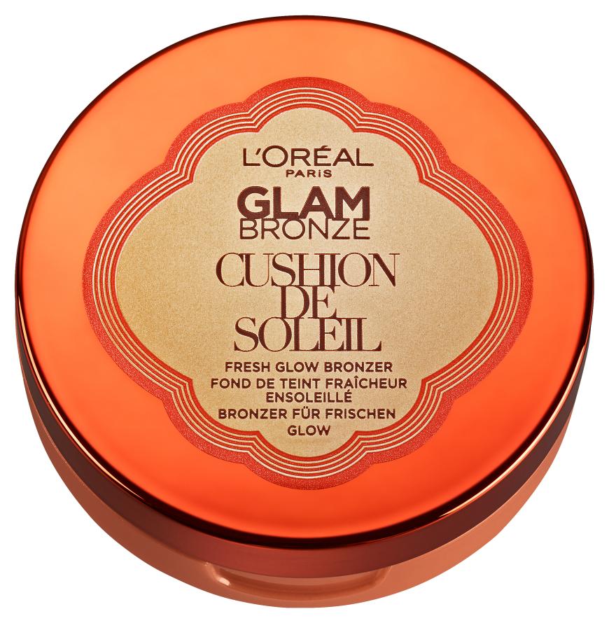 Make-up und Bronzer in einem: „Glam Bronze Cushion de Soleil“ von L‘Oréal Paris, mit Schwämmchen, ca. 15 Euro