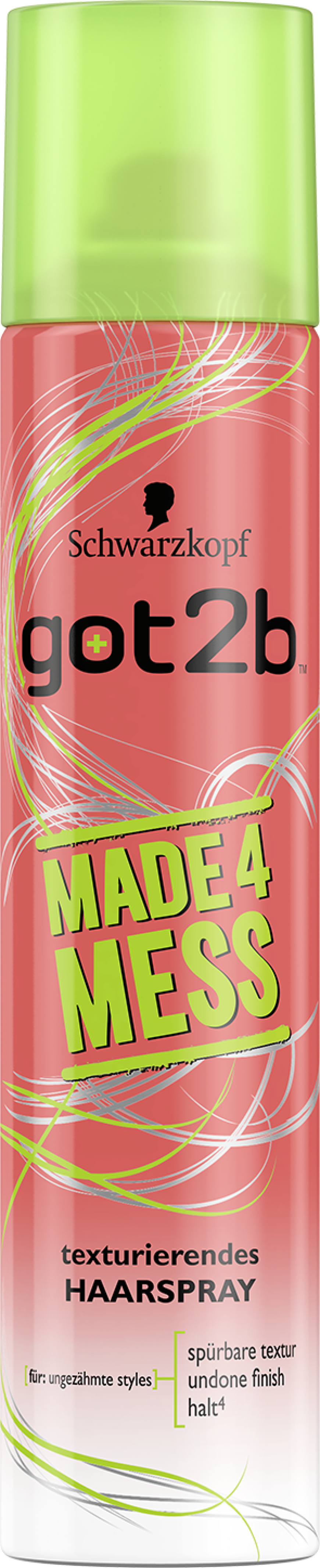 VERLEIHT TEXTUR „Got2b Made4Mess texturierendes Haarspray“ von Schwarzkopf, ca. 5 Euro
