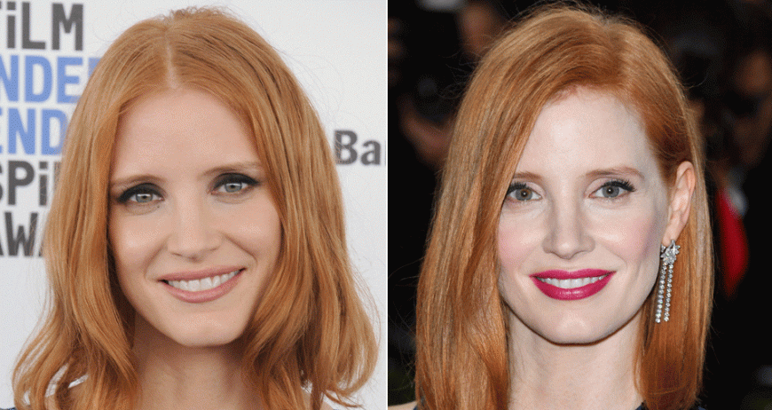 Jessica Chastain: Wie frisch aus dem Urlaub, trotz vornehmer Blässe. Die Schauspielerin, 39, sieht mit Statement-Lips total erholt aus. Die knallige Farbe bringt ihren Rotschopf zum Strahlen! Im Vergleich dazu wirken Teint und Frisur beim Nude-Ton fahl.