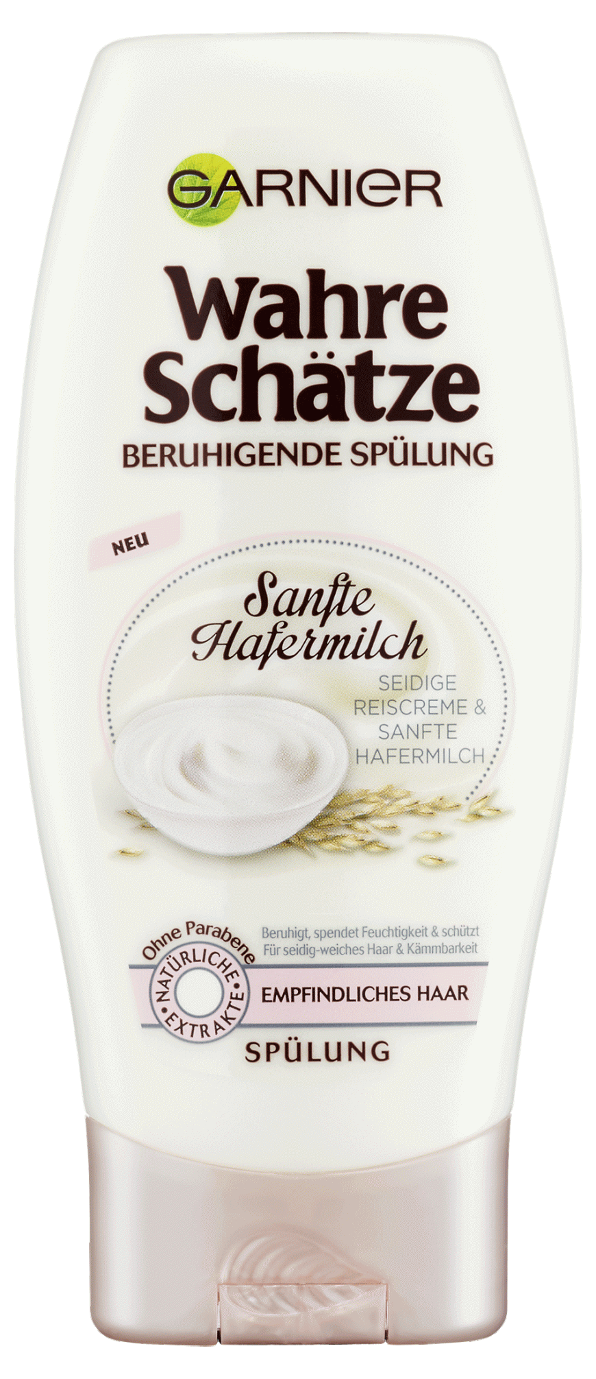 Reverse-Washing: SANFTE PFLEGE „Wahre Schätze Sanfte Hafermilch Beruhigende Spülung“ von Garnier, ca. 3 Euro