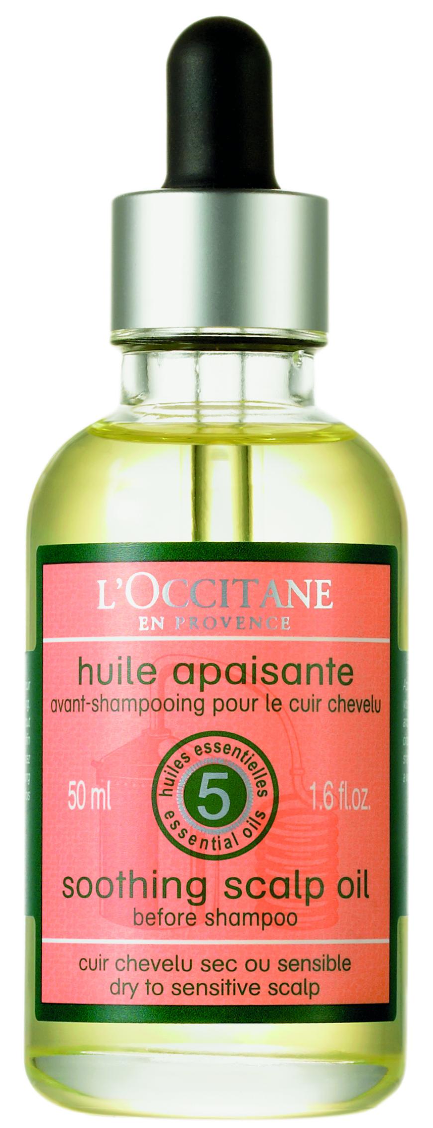 Pre-Shampoo: MIT FÜNF ÖLEN „Huile Apaisante“ beruhigendes Öl für die Kopfhaut von L’Occitane, ca. 33 Euro