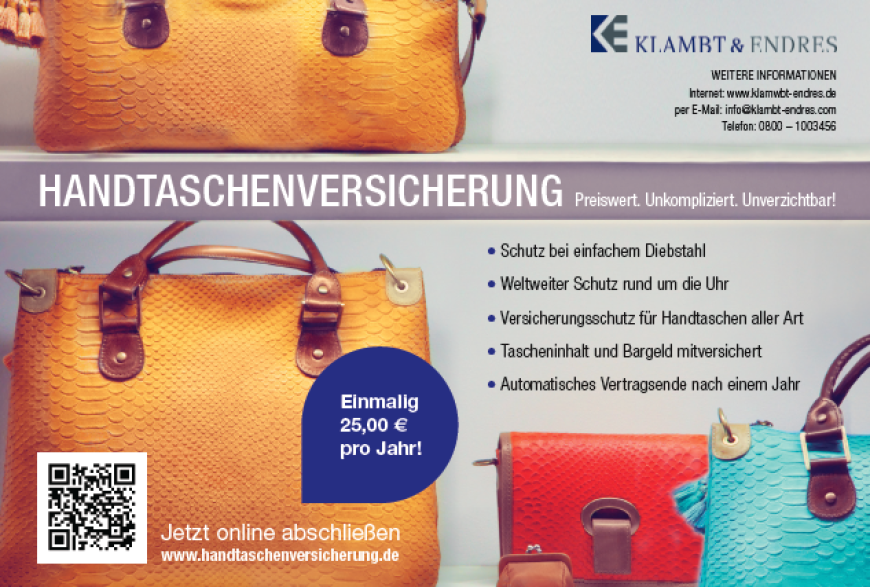 Handtaschenversicherung: Preiswert, unkompliziert, unverzichtbar.