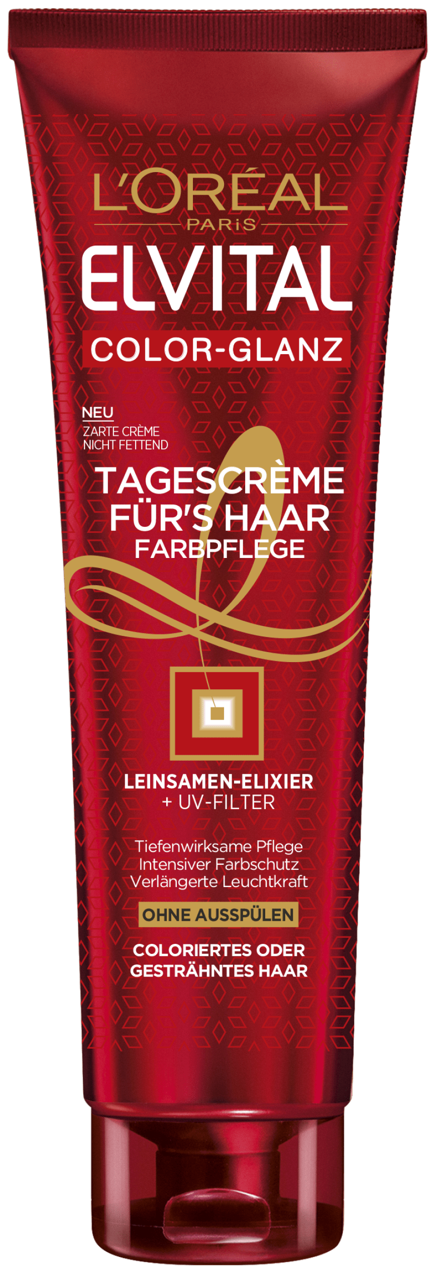 FÜR GESCHMEIDIGKEIT „Elvital Color-Glanz Tagescrème“ von L’Oréal Paris, ca. 6 Euro