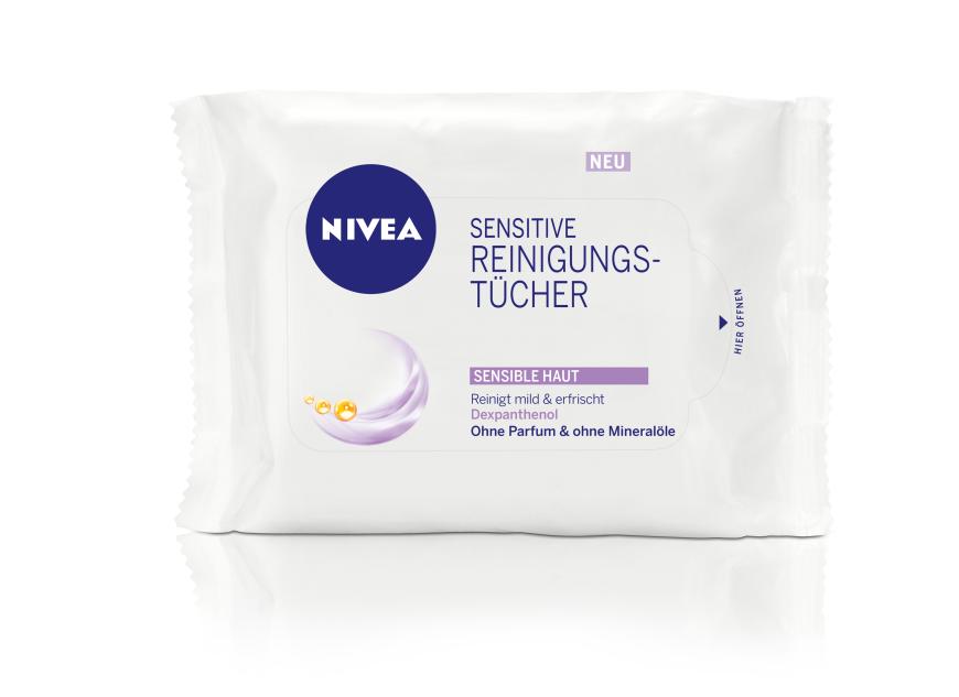 OHNE DUFTSTOFFE „Sensitive Reinigungstücher“ von Nivea, ohne Parabene, ca. 3 Euro