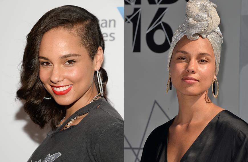 Im Dezember 2015 trug Alicia Keys noch dezentes Make-up (l.). Nun verzichtet sie grundsätzlich auf Schminke.