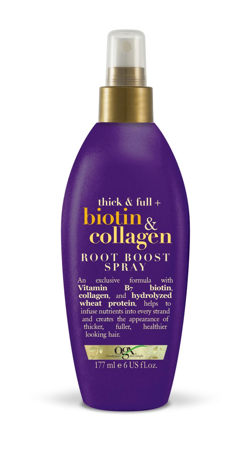 VOLUMENWUNDER „Thick & Full Biotin & Collagen Root Boost Spray“ von Ogx, ca. 10 Euro