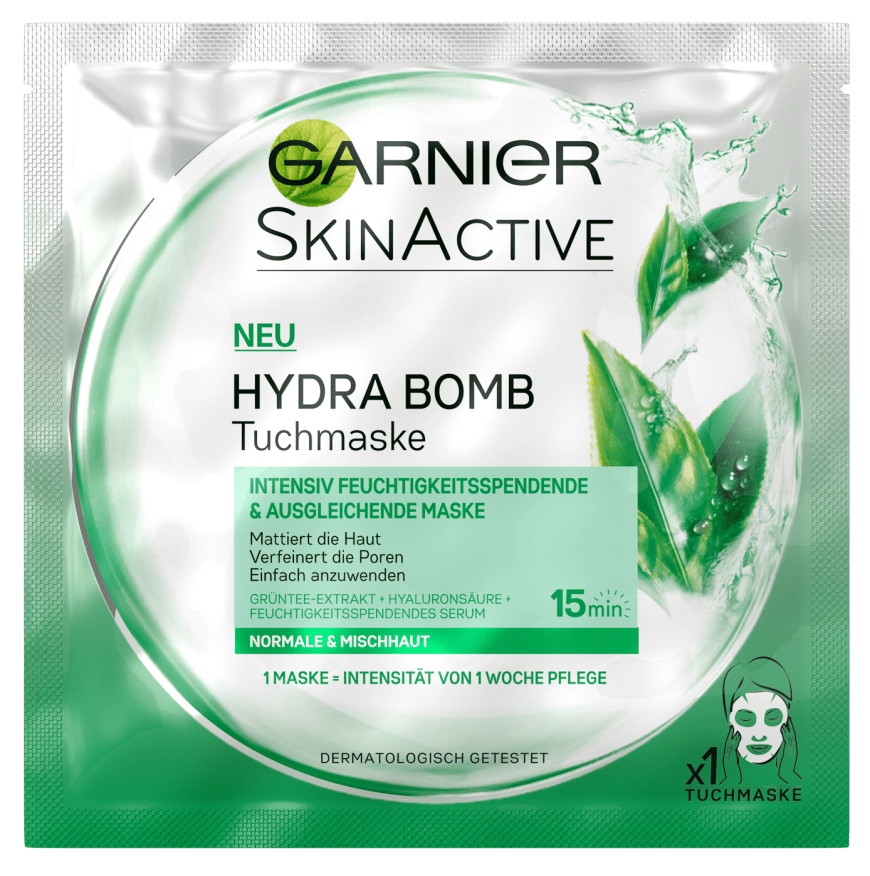 Durchfeuchtet: „Hydra Bomb Tuchmaske Intensiv feuchtigkeitsspendende & ausgleichende Maske“ von Garnier, ca. 2 Euro