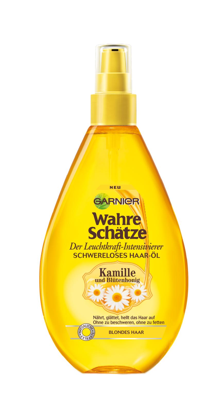 HAIRLICH SCHÖN Trockenshampoo frischt fettige Ansätze im Nu auf. Pflegt „Wahre Schätze Kamille und Blütenhonig Schwereloses Haar-Öl“ von Garnier, ca. 8 Euro