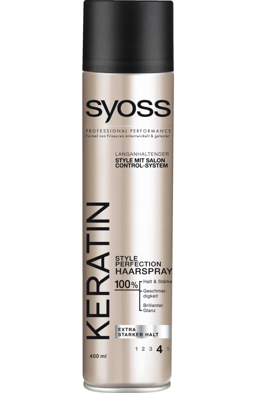 Fixiert: „Keratin Style Perfection Haarspray“ von Syoss, ca. 4 Euro