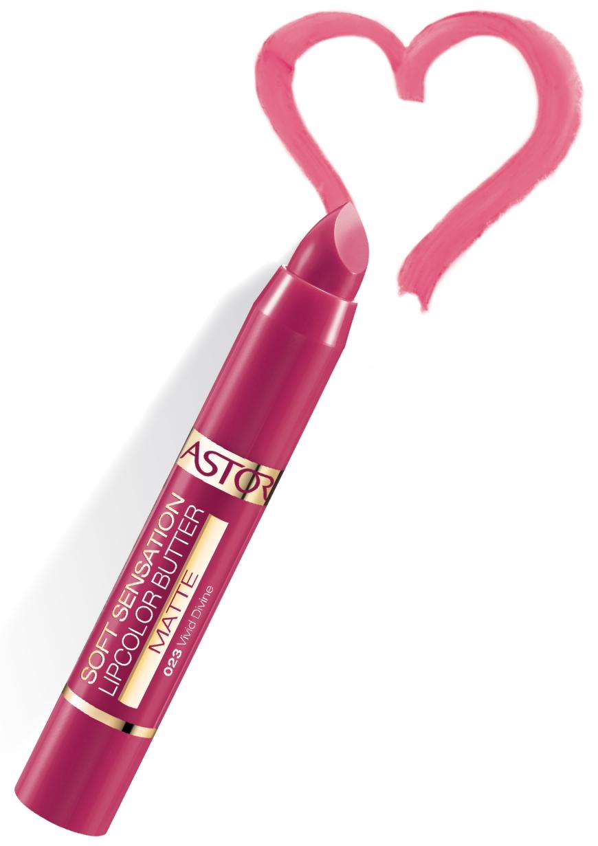 Bezaubern Sie Ihren Schwarm mit matten Himbeer-Lippen. Hände weg von Gloss, das klebt beim Küssen. Mach’s matt „Soft Sensation Lipcolor Butter Matte“ von Astor, in „Vivid Devine“, ca. 8 Euro